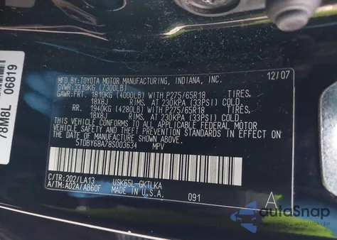 2008 Toyota Sequoia Limited 5.7L V8 из США, поврежденный, VIN 5TDBY68A78S003634